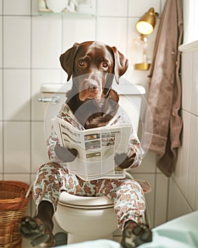 Chocolate Labrador dog wearing pajamas\'s sitting on a toilet, reading newspaper and looking directly at the camera