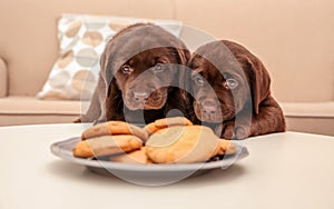 Chocolate Labrador Retriever puppies near cookies indoors