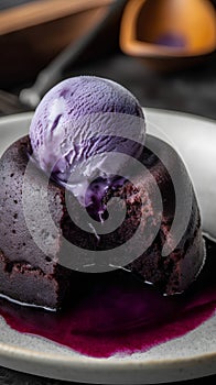 Chocolate lava cake with blueberry ice cream. Selective focus.