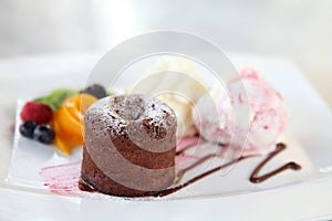 Chocolate Lava Cake with ice cream and fruit