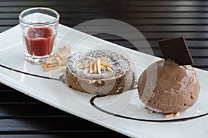 Chocolate lava cake with ice cream in plate