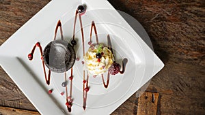 Chocolate lava cakes or Molten chocolate cake on a white plate