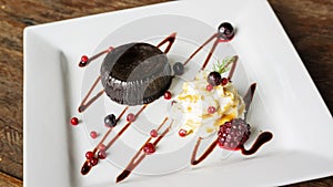 Chocolate lava cakes or Molten chocolate cake on a white plate