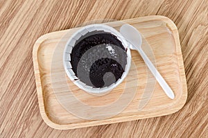 Chocolate lava cup cake on wooden background with copy space..