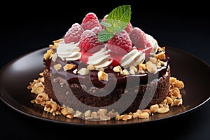 Chocolate layer cake with raspberries, nuts and cream in a plate