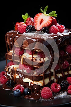Chocolate layer cake with strawberries