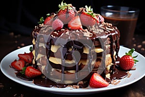 Chocolate layer cake with strawberries