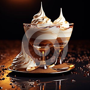 Chocolate liquid dessert with cream on dark background with reflection. hot drinks for the party. 3d illustration