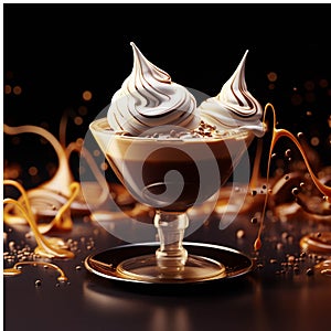 Chocolate liquid dessert with cream on dark background with reflection. hot drinks for the party. 3d illustration