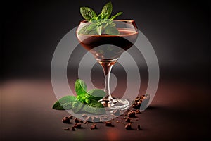 Chocolate liquor on a background of juicy mint leaves in a glass shot glass.