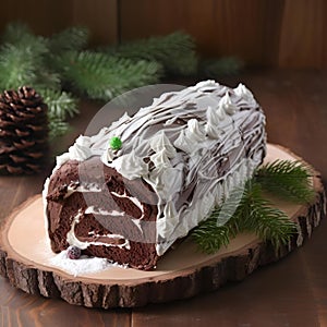 a chocolate log cake covered with icing sits on a wooden slice