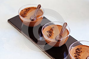 Chocolate low calorie mousse in portion glasses