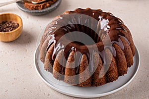 Chocolate marble cake with chocolate ganache made in a bundt pan