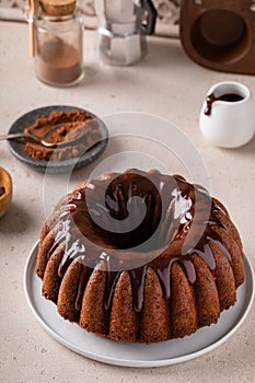 Chocolate marble cake with chocolate ganache made in a bundt pan