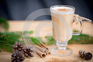 Chocolate Martini Cocktail or eggnog with cinnamon and chocolate in glass for Christmas on mahogany background