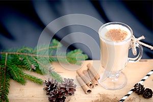 Chocolate Martini Cocktail or eggnog with cinnamon and chocolate in glass for Christmas on mahogany background