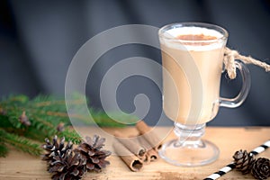 Chocolate Martini Cocktail or eggnog with cinnamon and chocolate in glass for Christmas on mahogany background