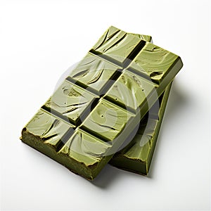 Chocolate with matcha tea craft production, green bars on white background