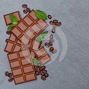 Chocolate milk chocolates bar food square sweets slate copyspace top view