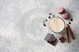 Chocolate Milk Drink , Macaroons, Cinnamone,Chocolate and Coffee photo