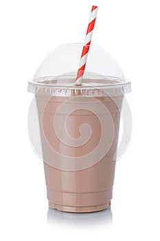 Chocolate milk shake milkshake in a cup straw isolated on white