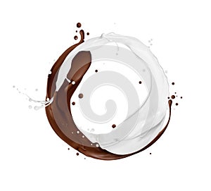 Chocolate and milk splashes arranged in a circle on a white background