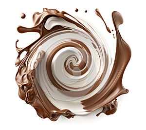 Chocolate and milk swirl and splash over white background, top view. Generative AI realistic illustration