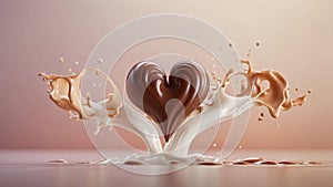 Chocolate and milk waves in the shape of a heart, IA generativa.