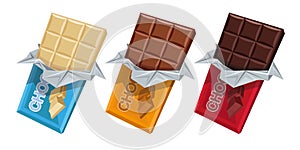 Chocolate. Milk, White and Dark chocolate. Sweetened block made from roasted and ground cacao seeds. Chocolate Package bar.
