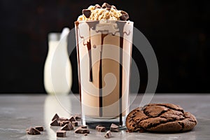 chocolate milkshake with a chocolate cookie on top