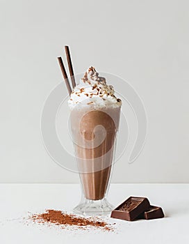 Chocolate milkshake with cream and drinking straw on white background