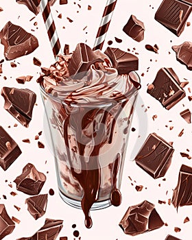 Chocolate milkshake in elegant glass decorated with whipped cream, chocolate topping, chocolate bar pieces and cocktail
