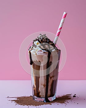 Chocolate milkshake in elegant glass decorated with whipped cream, chocolate topping, chocolate shavings and cocktail