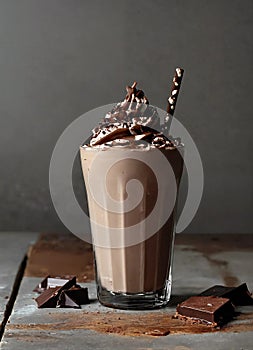 chocolate milkshake in a glass. Selective focus.