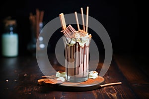 chocolate milkshake with marshmallows and chocolate sticks