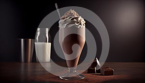 chocolate milkshake and milk on table , generative AI