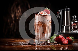 Chocolate milkshake with strawberries and chocolate on a wooden table