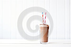 chocolate milkshake with a striped straw on a white table