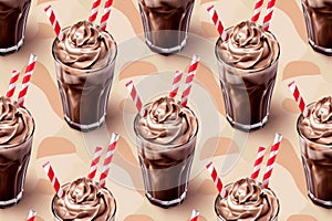 Chocolate milkshakes in elegant glasses decorated with whipped cream, chocolate topping and cocktail straws. Beige