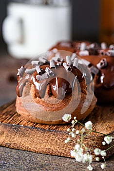 Chocolate mini bundt cakes with chocolate glaze on wooden board.