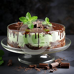 Chocolate mint cake sweet on a clear glass table. Generative AI