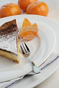 Chocolate mocha and orange cheesecake with dessert fork