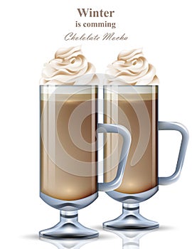 Chocolate Mocha realistic drink Vector. Sweet coffee with whipped creams