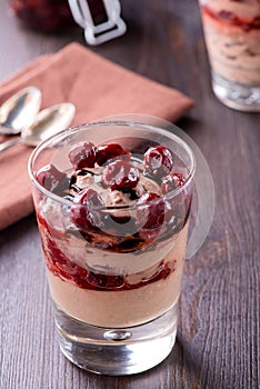Chocolate mousse dessert with cherries