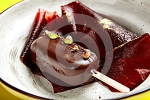 Chocolate mousse dessert close up