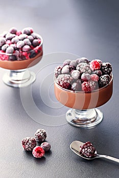 Chocolate mousse dessert with frozen berries on grey background close up isolated in sunlight