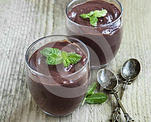 Chocolate mousse dessert in glasses decorated with mint