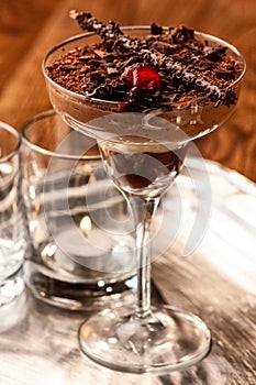 Chocolate mousse dessert on wood table