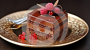 Chocolate mousse Lava Cake on gold dish. Luxurious chocolate Mousse