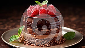 Chocolate mousse Lava Cake on white dish. Luxurious chocolate Mousse